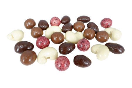 Chocolate coated products nuts and fruits
